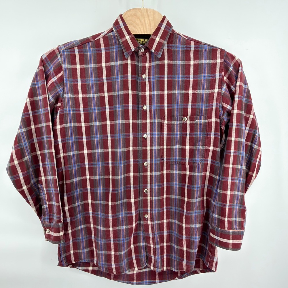 OshKosh B'gosh Flannel Shirt Mens LT Burgundy Blue White Yellow Plaid Repaired